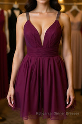 Cute V Neck Purple Chiffon Short Semi Formal Prom Dresses Homecoming Dresses, V Neck Purple Formal Dresses, Purple Evening Dresses Cocktail Dresses